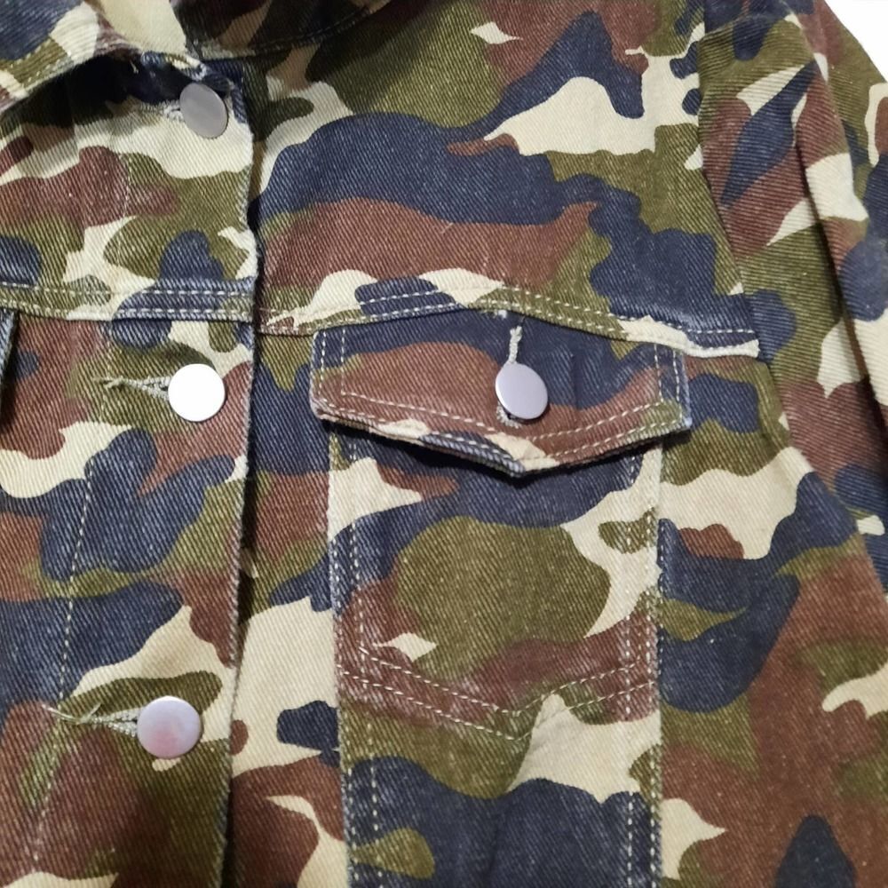 Camo Denim Jacket Button Up 3/4 Sleeve Jean Jacket Military‎ Utility Coat - Picture 3 of 8